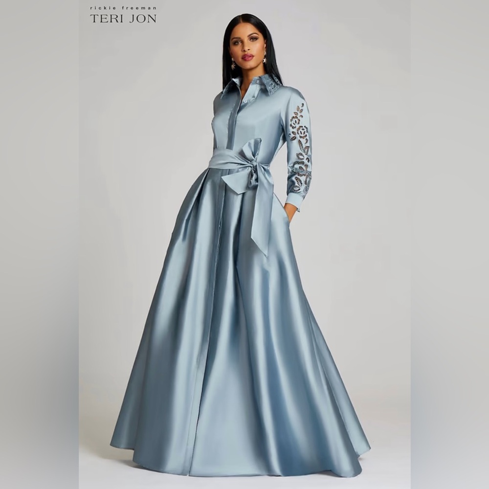 Elegant Light Blue Satin Maxi Dress with Waist Tie